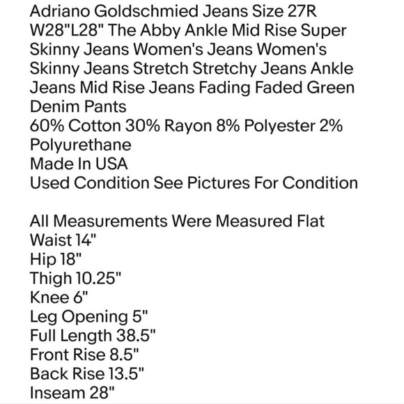 Adriano Goldschmied Jeans Size 27R W28"L28" The Abby Ankle Mid Rise Super Skinny - Picture 2 of 7